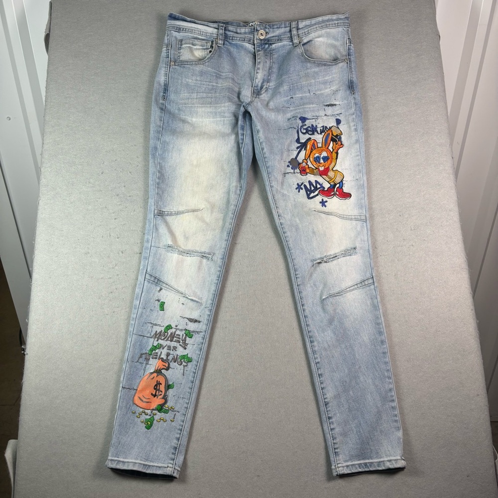 Genuine Authentic Men’s Embroidered Jeans 34Wx32L Blue Streetwear Distressed